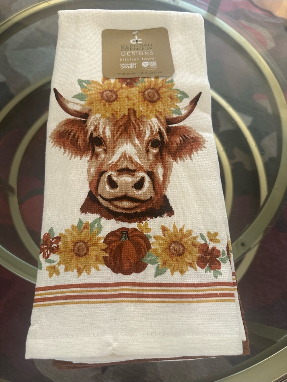 Deborah Connolly 3 kitchen towels, fall highland cow